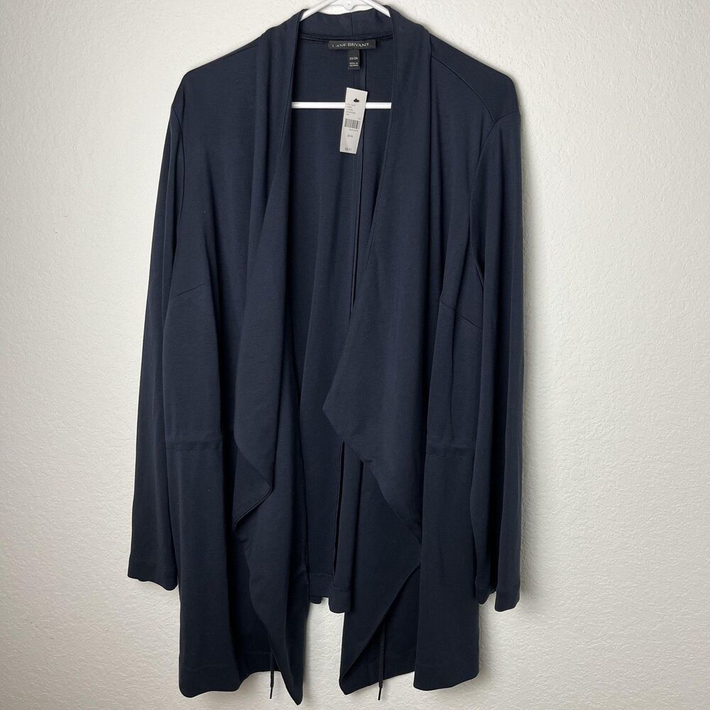 Lane Bryant Cardigan Womens 22/24 Navy Blue Drape Open Front‎ Plus Drawstring